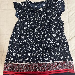 Tommy Hilfiger Navy Floral Blouse XS Red Trim Lightweight Preppy Chic Top